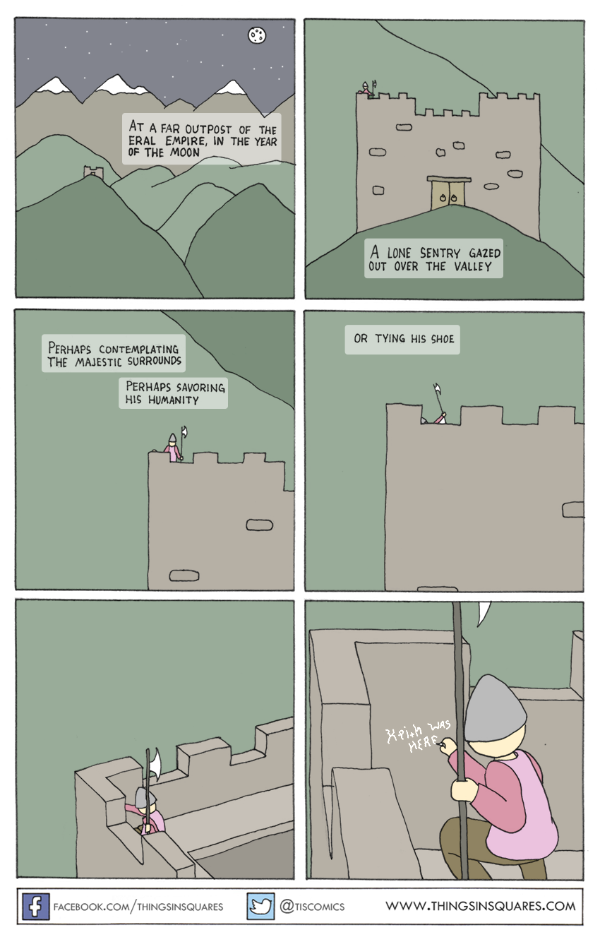 This is a castle comic, where i guy is alone, but they'll know he was here because he has chalk