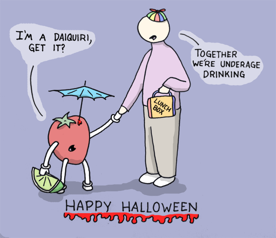 Happy Halloween! A strawberry dressed as a daiquiri and a guy dressed as a kid makes underage drinking!