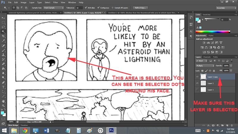 Selecting an area of a line drawing with the magic wand on photoshop