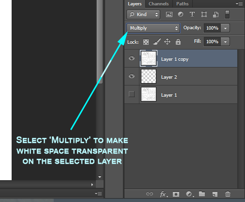 Changing the mode of a layer to multiply to make white space transparent in photoshop for webcomics