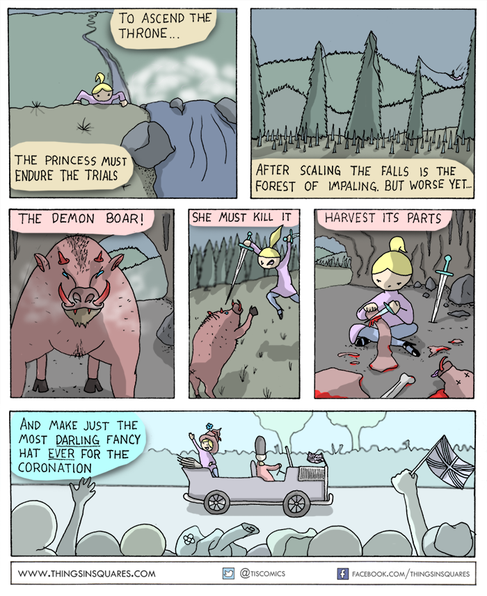 How to become a princess: scale the falls, swing above the spikes, then kill the demon boar, harvest its parts, and make just the cutest fancy hat ever.