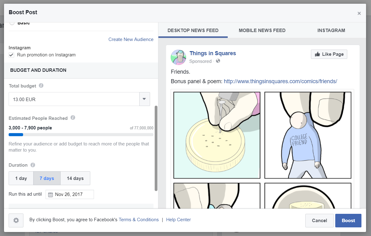 Facebook's boost-a-post dashboard